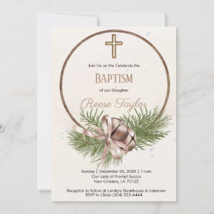 Boho Christmas Wooden Wreath Baptism Invitation