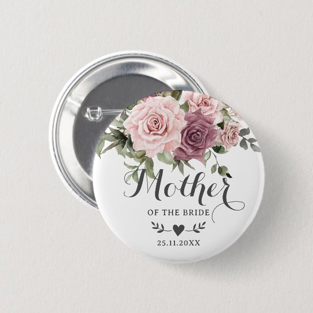 Boho Cinnamon Rose Blush Pink Floral Bridal Party Button (Front & Back)
