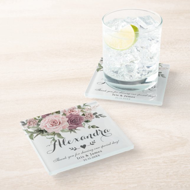 Boho Cinnamon Rose Blush Pink Floral Wedding Glass Coaster (Angled)