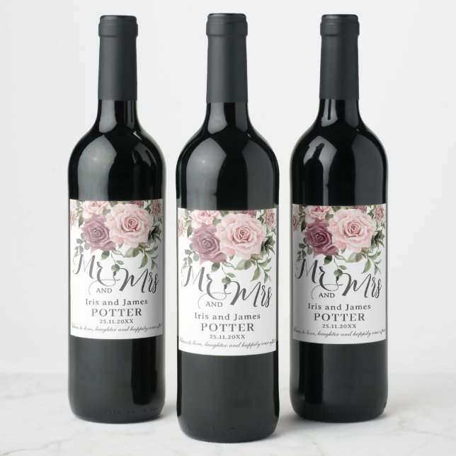 Boho Cinnamon Rose Blush Pink Floral Wedding Wine Label (Bottles)