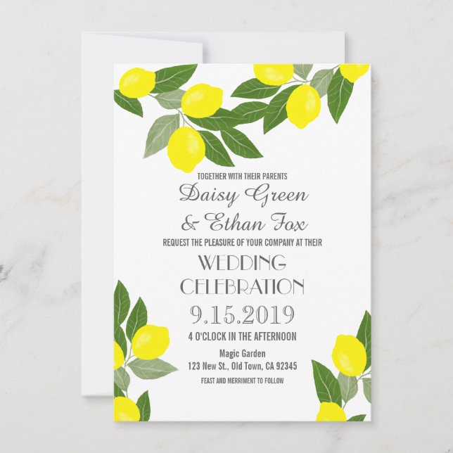 Boho Citrus Lemon Wedding Invitations (Front)
