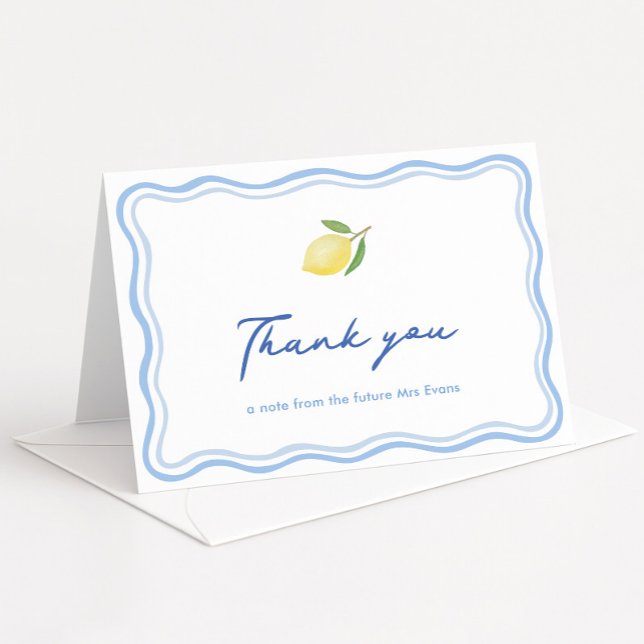 Boho Citrus Pale Blue Doodle Border Baby Shower Thank You Card (Boho hand-drawn doodle border in pale blue and paler blue with simple single lemon & summer stripes)