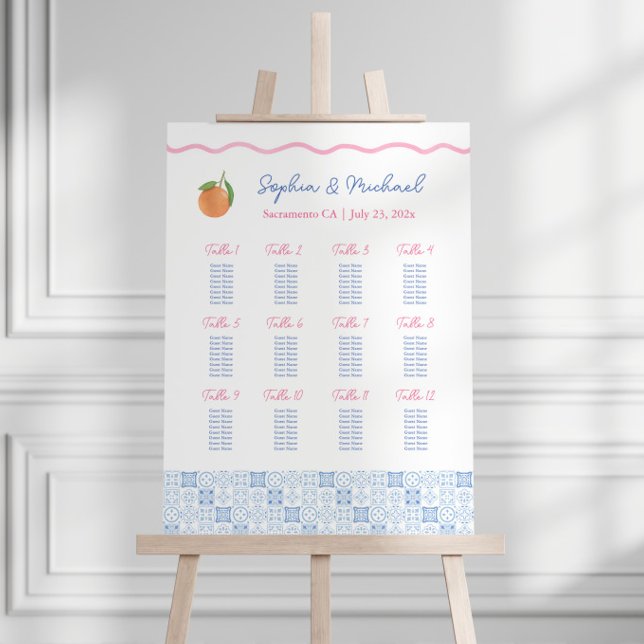 Boho Citrus Pink Squiggle 12 Tables Seating Chart Foam Board (Relaxed boho wedding seating chart with pink wavy line and blue & white tile pattern & citrus orange)