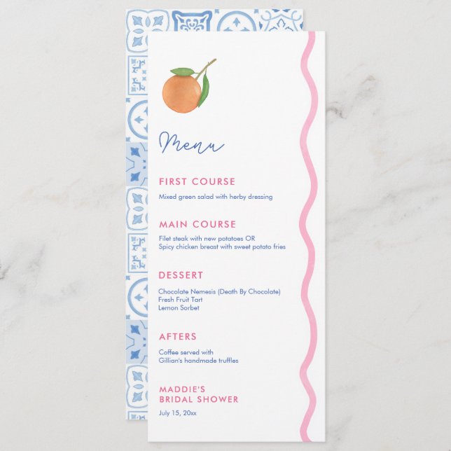 Boho Citrus Wedding Shower Individual Place Names Menu (Front/Back)