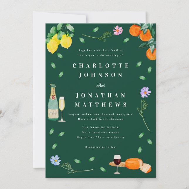 Boho Citrus & Wine Green Wedding Invitation (Front)
