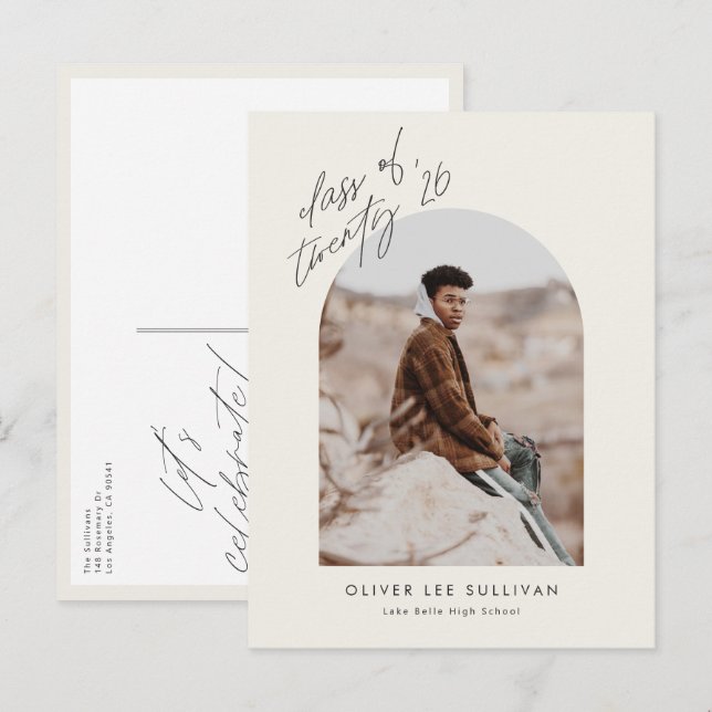 Boho Class of 2026 Arch Photo Graduation Invitation Postcard (Front/Back)
