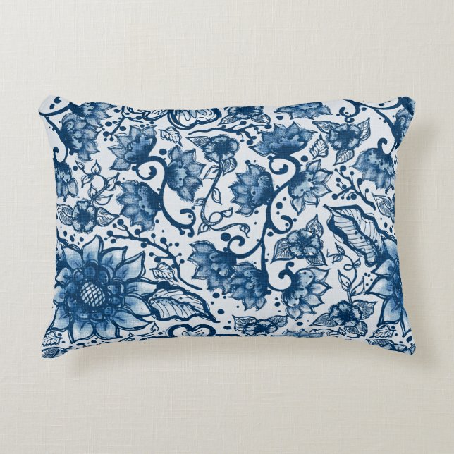 Boho Classic Blue Florals | Large Repeat Accent Pillow (Front)