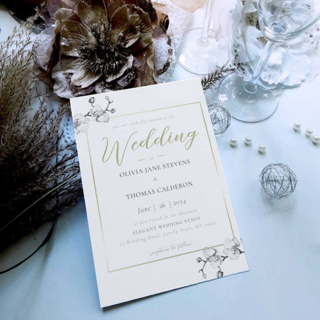 Boho Classic Frame Black White Gold Orchid Wedding Invitation (Creator Uploaded)