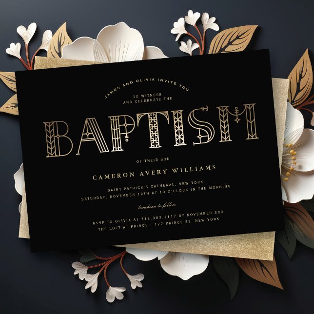 Boho Classy Gold/Black Typography Elegant Baptism Invitation (Boho Classy Gold/Black Typography Elegant Baptism Religious Invitation @ fat_fa_tin)