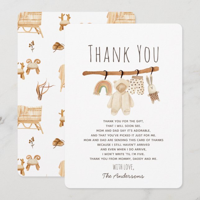Boho Clothesline Baby Shower Thank You Card (Front/Back)