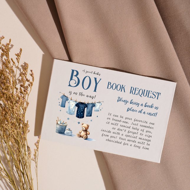 Boho Clothesline Blue Boy Baby Shower Book Request Enclosure Card (Creator Uploaded)