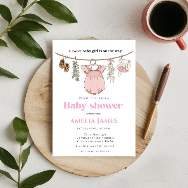 Boho Clothesline  Blush Girl Baby Clothes Baby Invitation (Creator Uploaded)