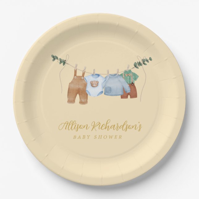 Boho clothesline boy pastel yellow Paper Plate (Front)