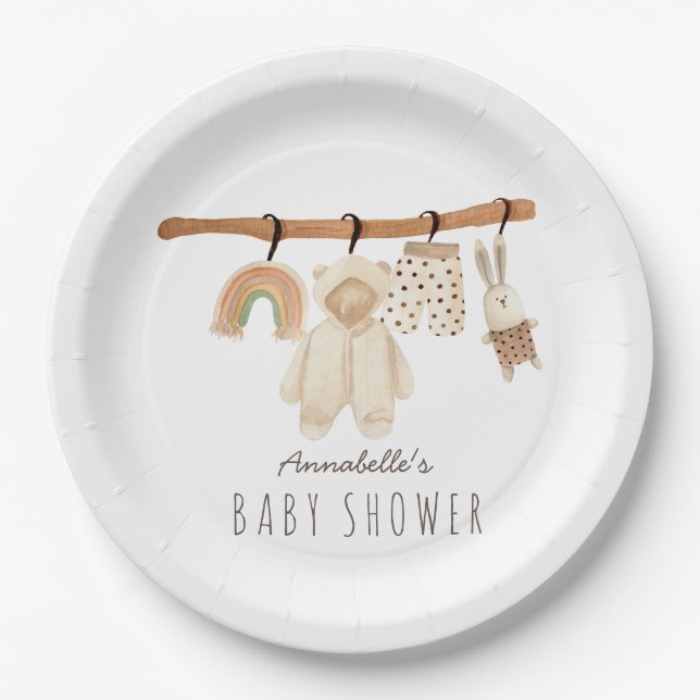 Boho Clothesline Gender-neutral Baby Shower Paper Plates (Front)