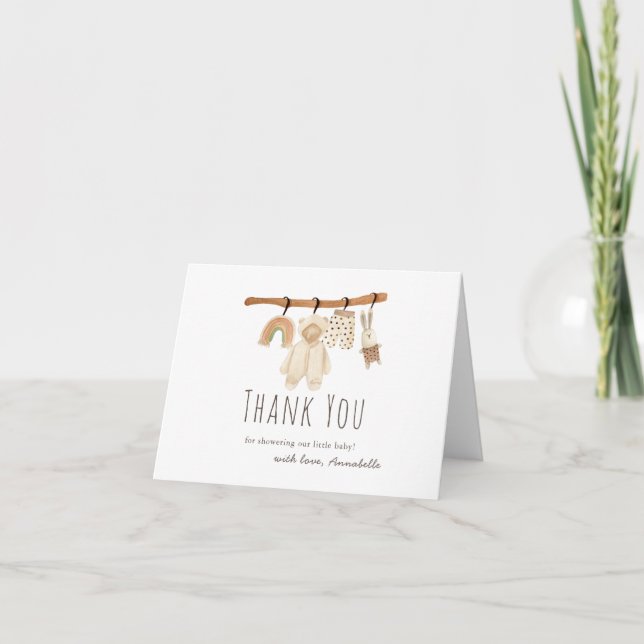 Boho Clothesline Gender-Neutral Baby Shower Thank You Card (Front)