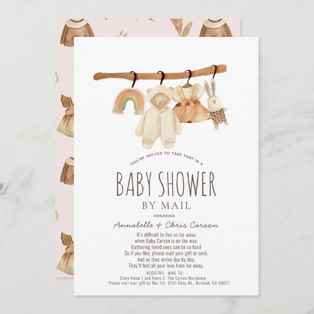 Boho Clothesline Girl Baby Shower by Mail Invitation (Front/Back)