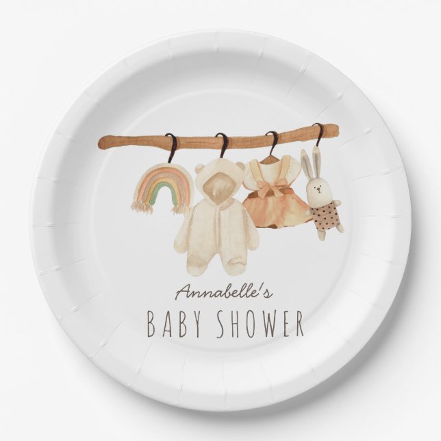Boho Clothesline Girl Baby Shower Paper Plates (Front)