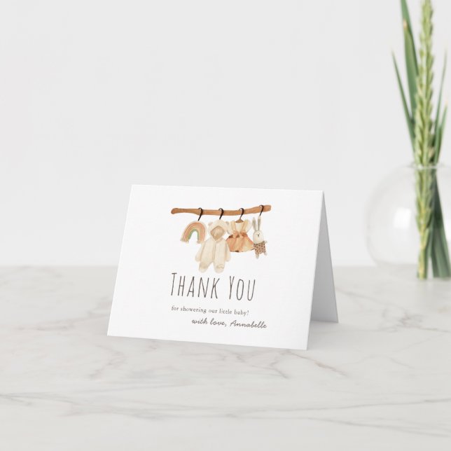 Boho Clothesline Girl Baby Shower Thank You Card (Front)