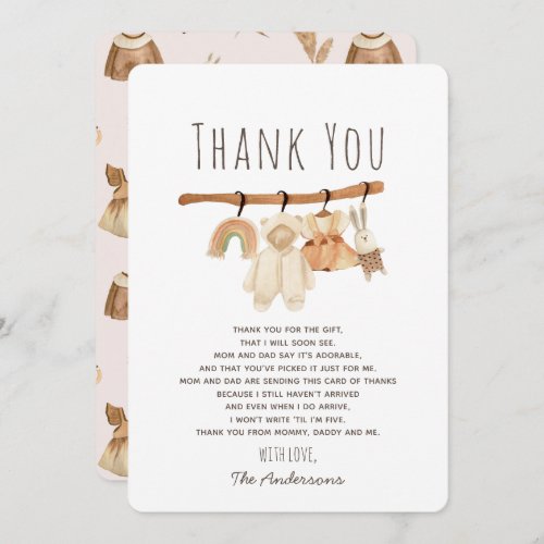 Boho Clothesline Girl Baby Shower Thank You Card