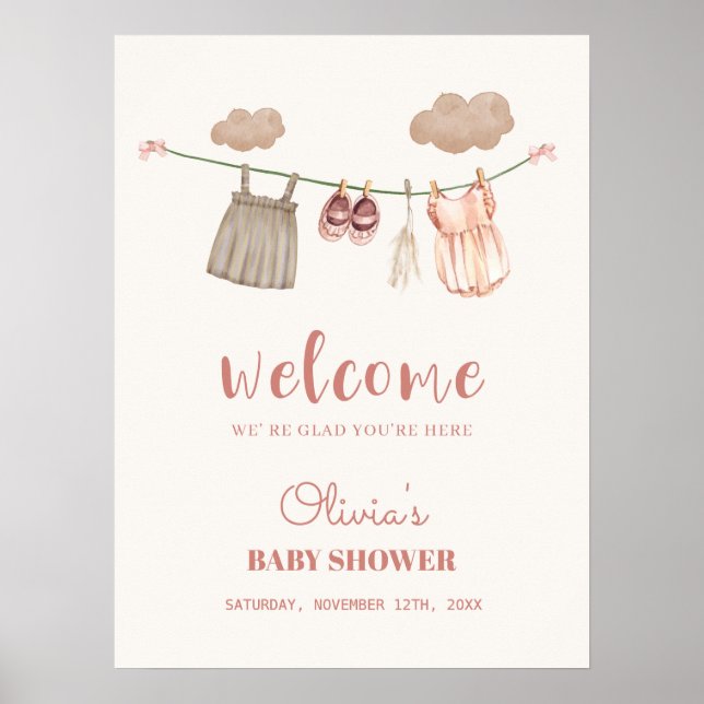 Boho Clothesline Girl Baby Shower Welcome Sign  (Front)