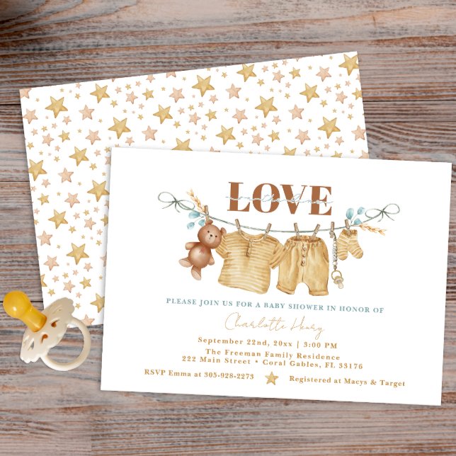 Boho Clothesline Watercolor Baby Shower Invite (Love on the line a boho clothesline baby shower invite)