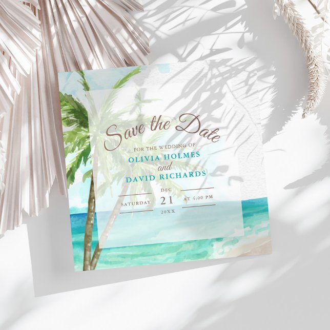Boho Coastal Beach Wedding Save the Date (Boho Coastal Seaside Beach Wedding Save the Date on a sunny table with dry palm leaf.)