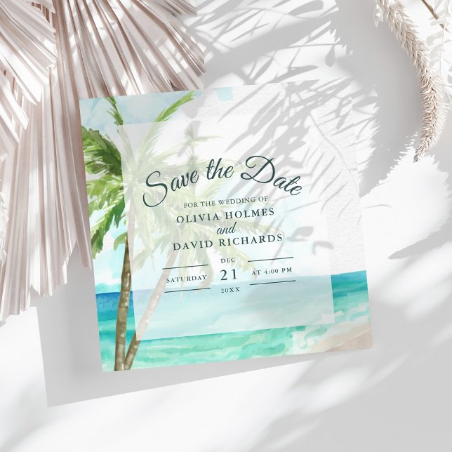 Boho Coastal Beach Wedding Save the Date  (Boho Coastal Seaside Beach Wedding Save the Date on sunny white table with dry palm leaf.)