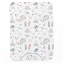 Boho Coastal Beach Whale Personalized Baby Blanket