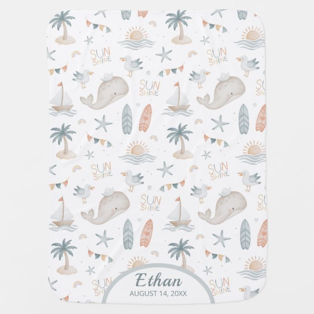 Boho Coastal Beach Whale Personalized Baby Blanket (Front)