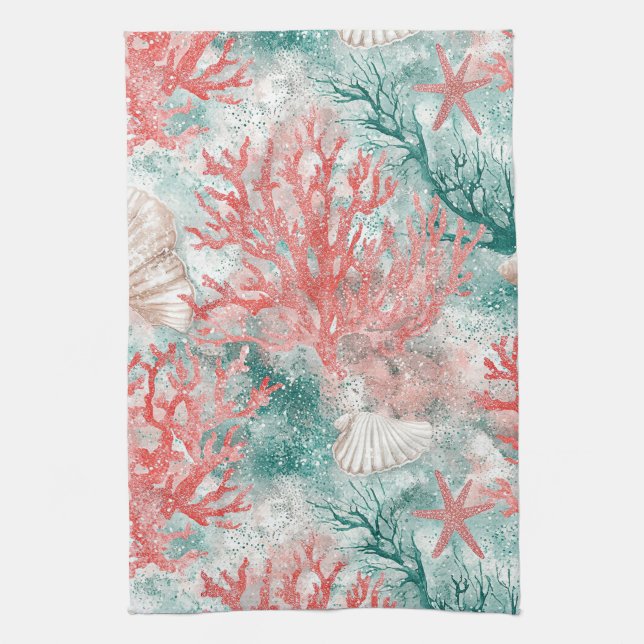 Boho Coastal Seashell Pattern Kitchen Towel (Vertical)