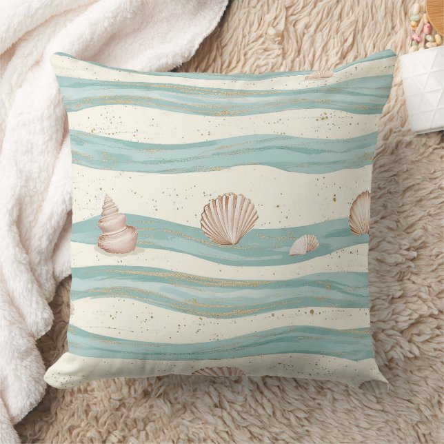 Boho Coastal Seashell Wave Pattern (3) Throw Pillow (Blanket)