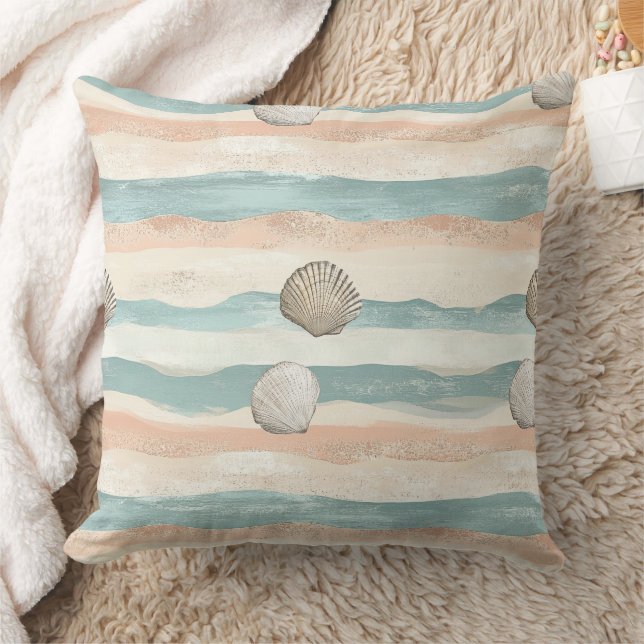 Boho Coastal Seashell Wave Pattern (5) Throw Pillow (Blanket)
