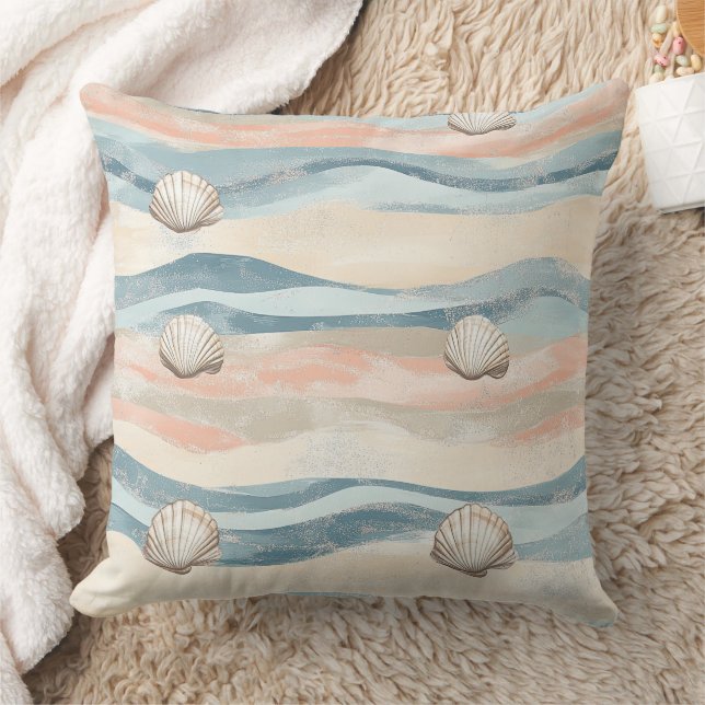 Boho Coastal Seashell Wave Pattern (8) Throw Pillow (Blanket)