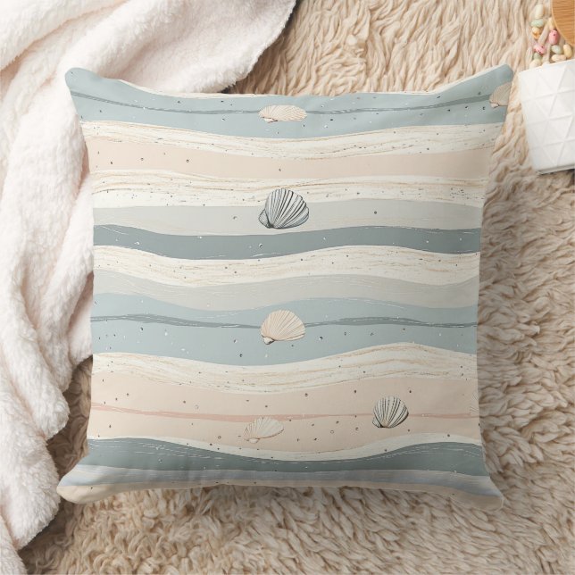 Boho Coastal Seashell Wave Pattern Throw Pillow (Blanket)