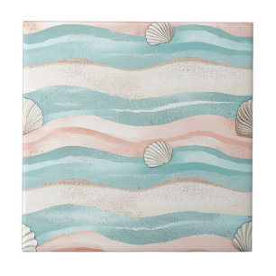 Boho Coastal Waves Seashells - Calm Beach Vibes Ceramic Tile