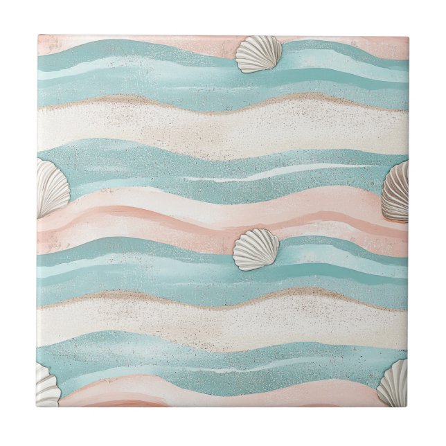 Boho Coastal Waves Seashells - Calm Beach Vibes Ceramic Tile (Front)