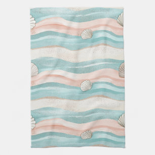 Boho Coastal Waves Seashells - Calm Beach Vibes Kitchen Towel
