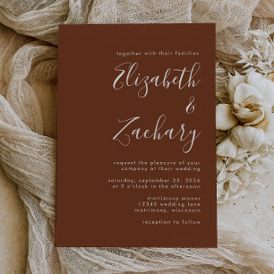 Boho Coffee Brown Minimalist Script Wedding Invitation