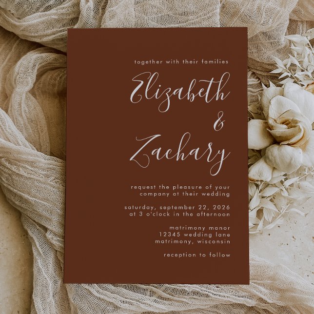 Boho Coffee Brown Minimalist Script Wedding Invitation (Creator Uploaded)