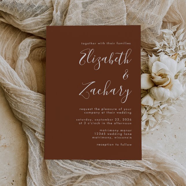 Boho Coffee Brown Minimalist Script Wedding Invitation (Creator Uploaded)
