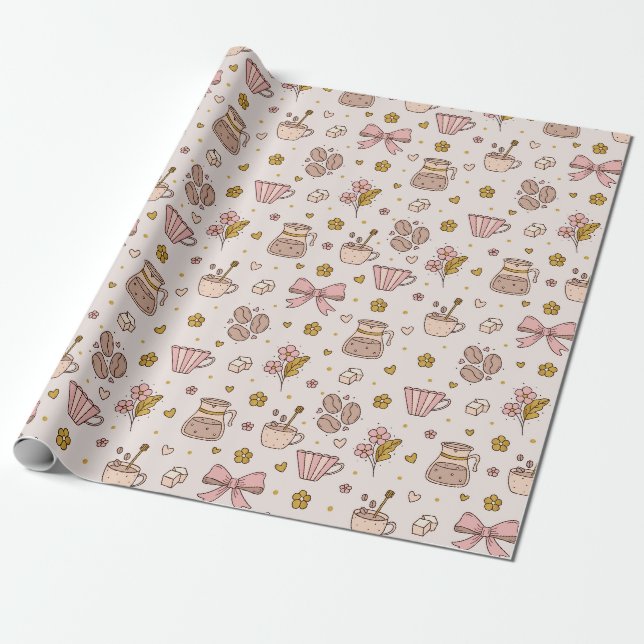 Boho coffee seamless pattern wrapping paper (Unrolled)