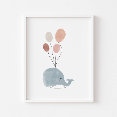 Boho colored baby whale with balloons poster
