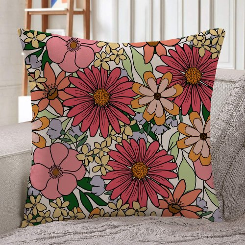 Boho Colored Floral Pattern Throw Pillow