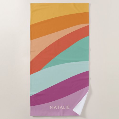 Boho Colorful Abstract Retro Name Beach Towel