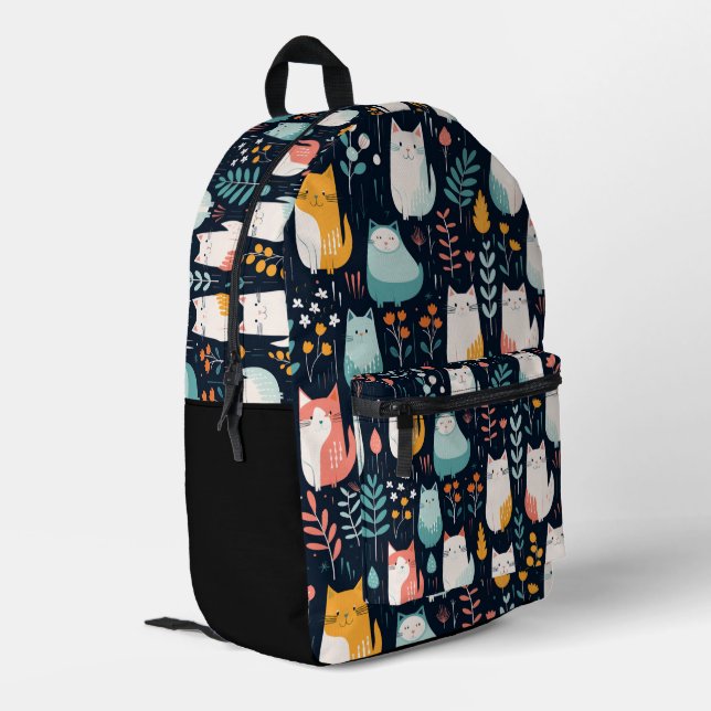 Boho Colorful Cats and Leaves Pattern Printed Backpack (Back Corner Left)