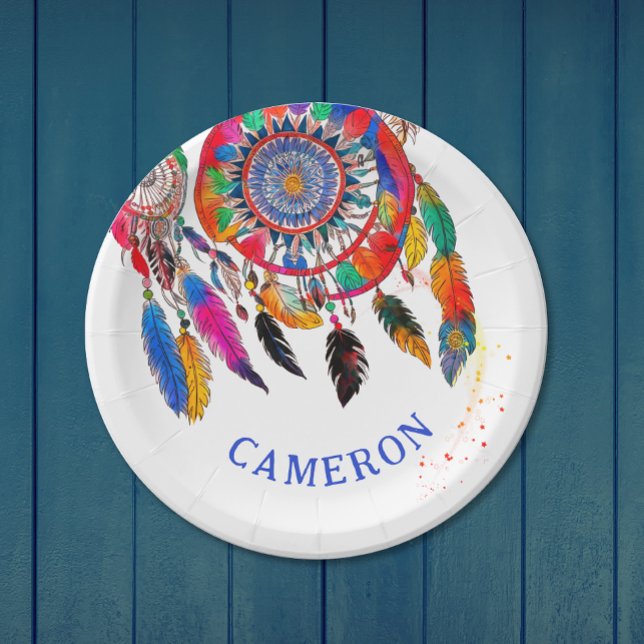 Boho Colorful Dreamcatcher Bday Feather Watercolor Paper Plates (Creator Uploaded)