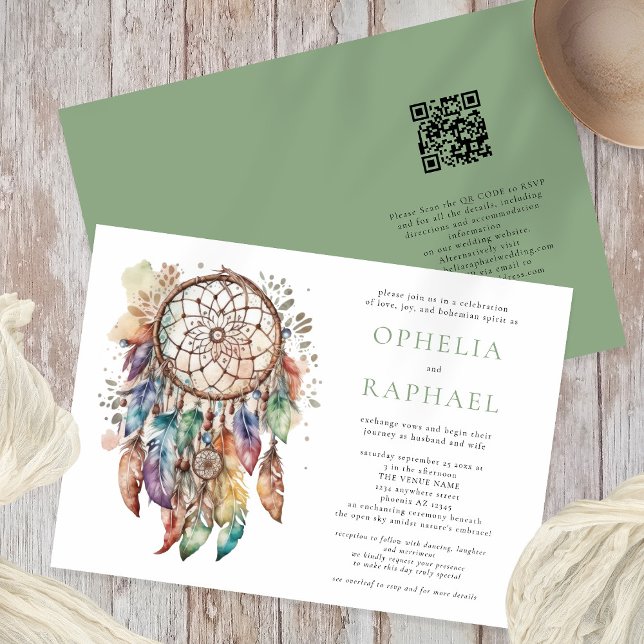 Boho Colorful Dreamcatcher Bohemian Wedding Sage Invitation (Front and back view)