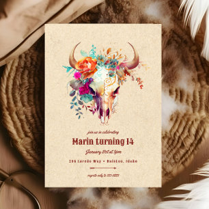 Boho Colorful Floral Cow Skull Birthday Party Invitation