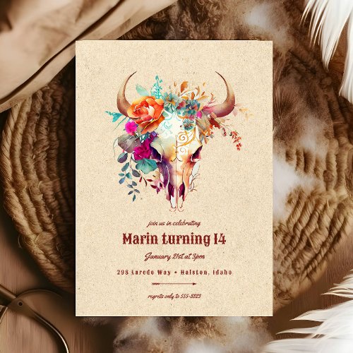 Boho Colorful Floral Cow Skull Birthday Party Invitation