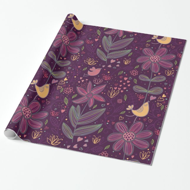 Boho Colorful Fun Bird Pattern Wrapping Paper (Unrolled)